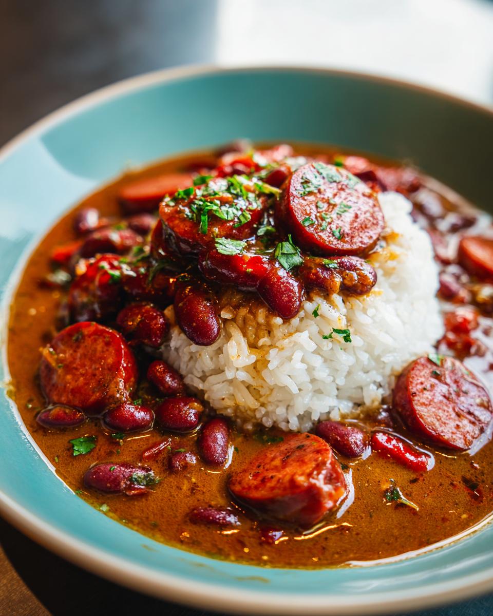 Close-up of authentic red beans and rice, featuring kidney beans, sliced sausage, and white rice in a teal bowl.
