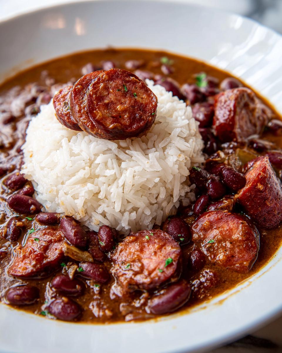 Close-up of a soulful bowl of authentic red beans and rice topped with thick slices of smoked sausage.