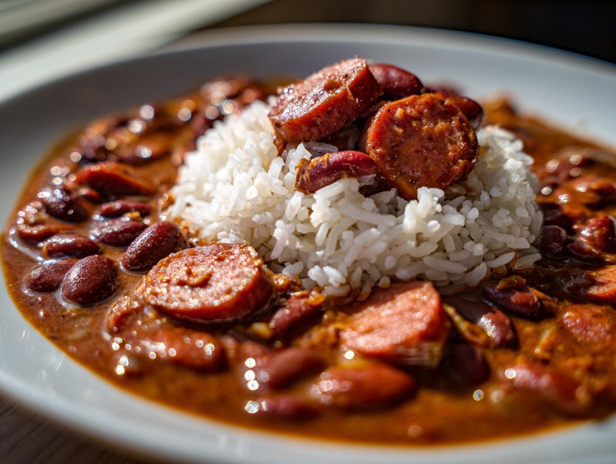 Close-up of authentic red beans and rice topped with sliced, browned andouille sausage.