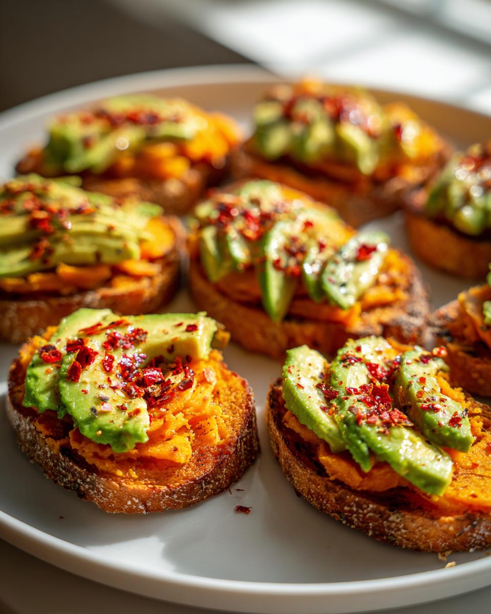 Close-up of several slices of sweet potato toast topped with mashed sweet potato, sliced avocado, and red pepper flakes.