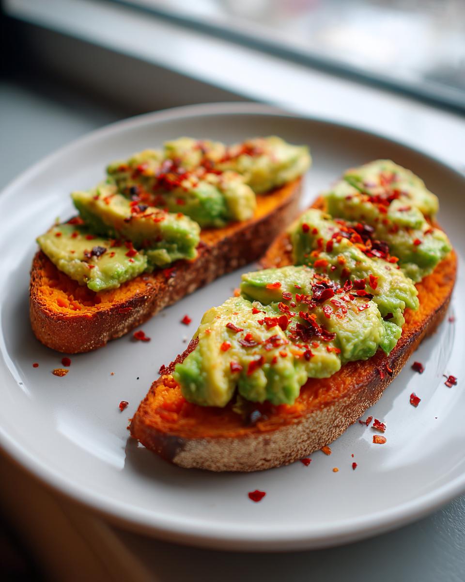 Two slices of bright orange sweet potato toast topped with mashed avocado and red pepper flakes.