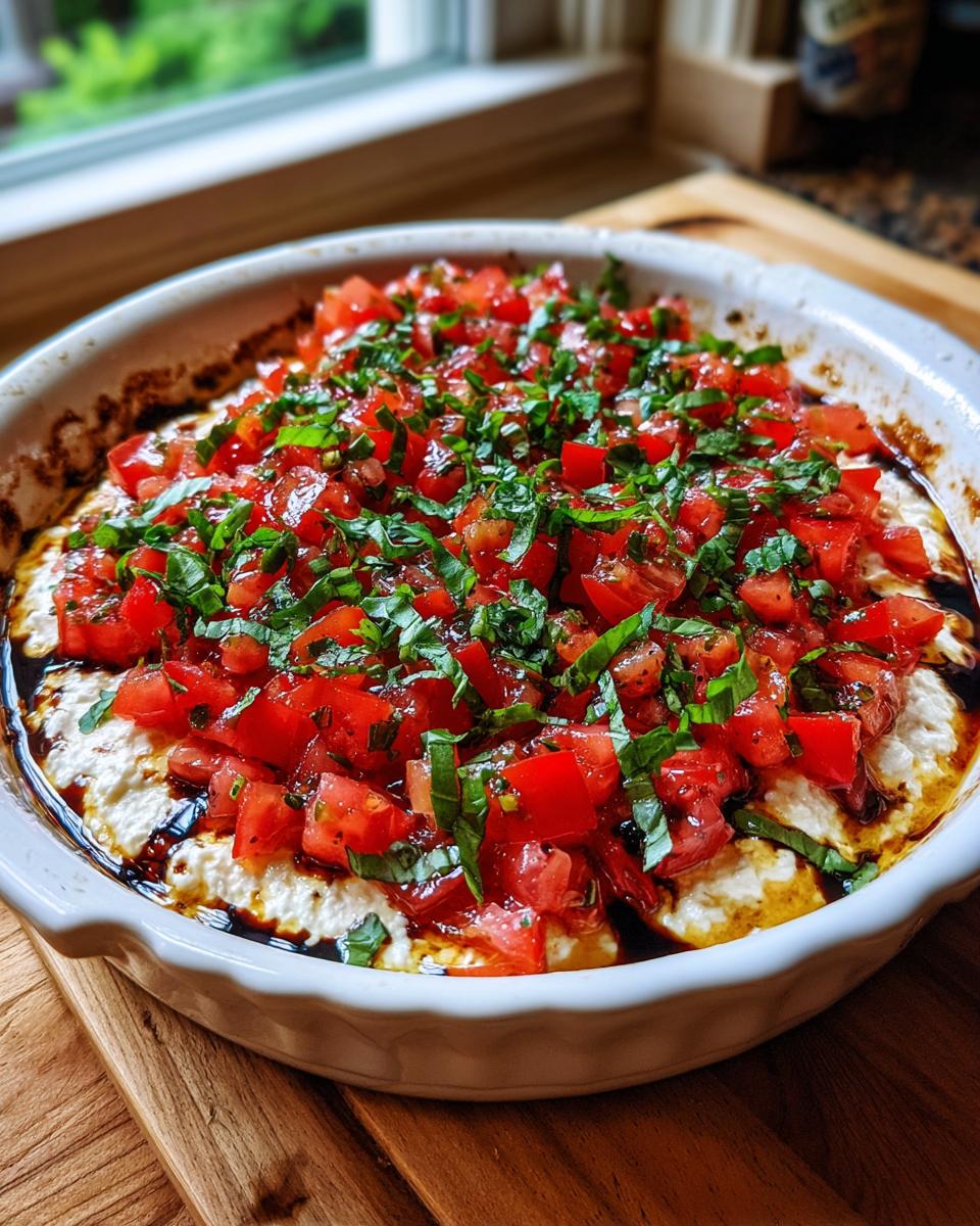 A baked bruschetta dip with creamy white cheese topped with diced tomatoes and fresh basil, drizzled with balsamic glaze.