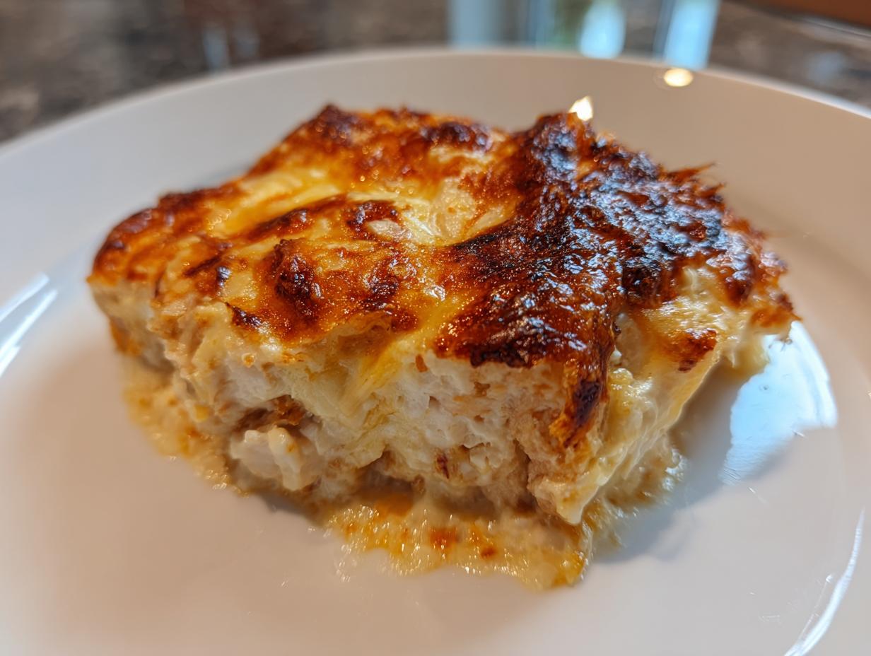 A close-up of a baked portion of caesar chicken casserole with a deeply browned, cheesy top layer.
