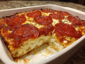 Close-up of a baked pepperoni pizza dip in a white casserole dish, showing a creamy white base topped with melted cheese and pepperoni slices.