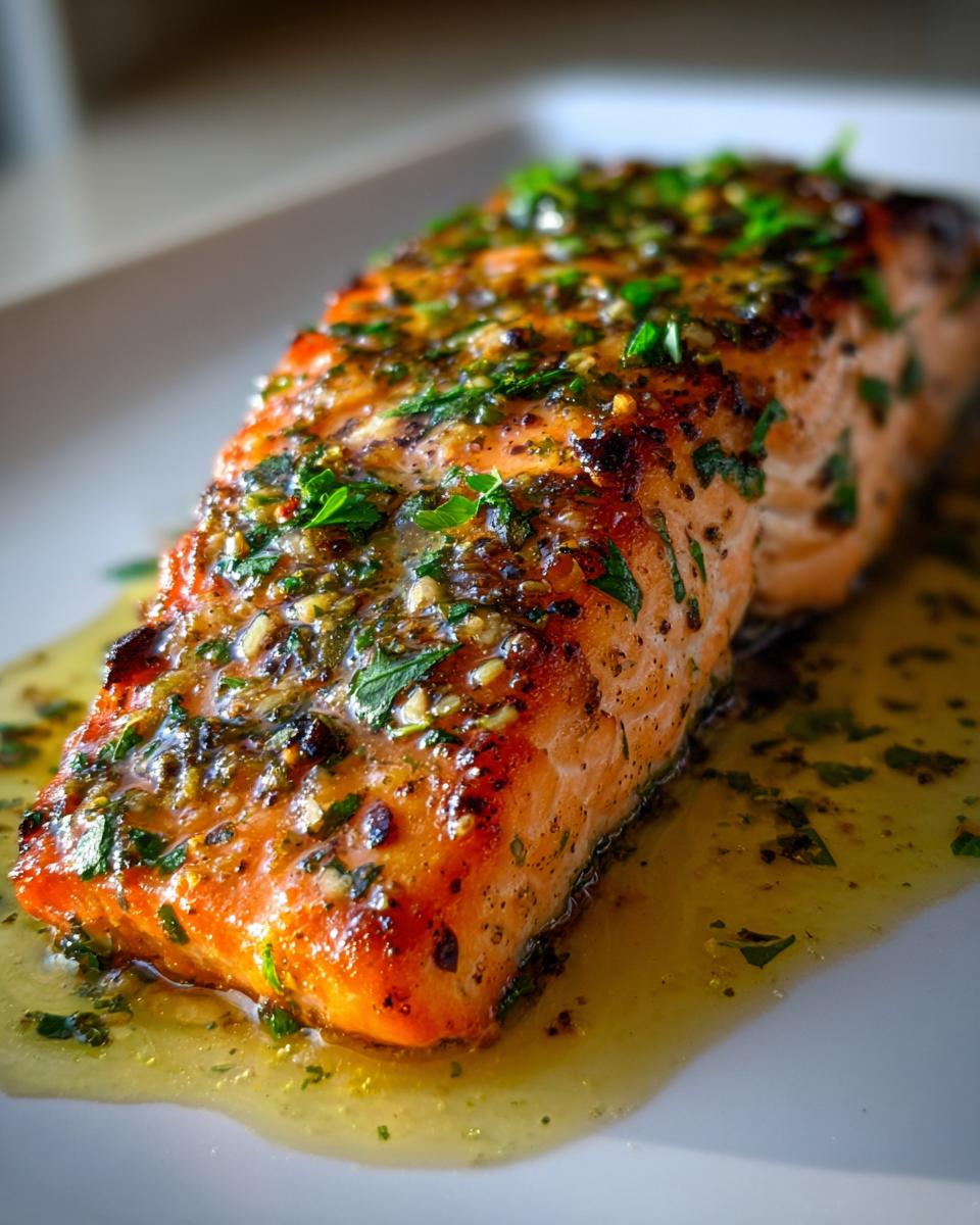 Close-up of a glistening, perfectly cooked baked salmon recipe fillet topped with garlic and fresh parsley.