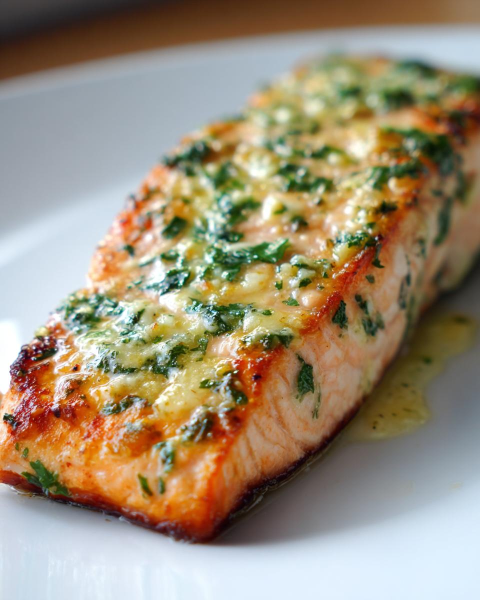 Close-up of a perfectly cooked baked salmon recipe fillet topped with melted butter and fresh green herbs.