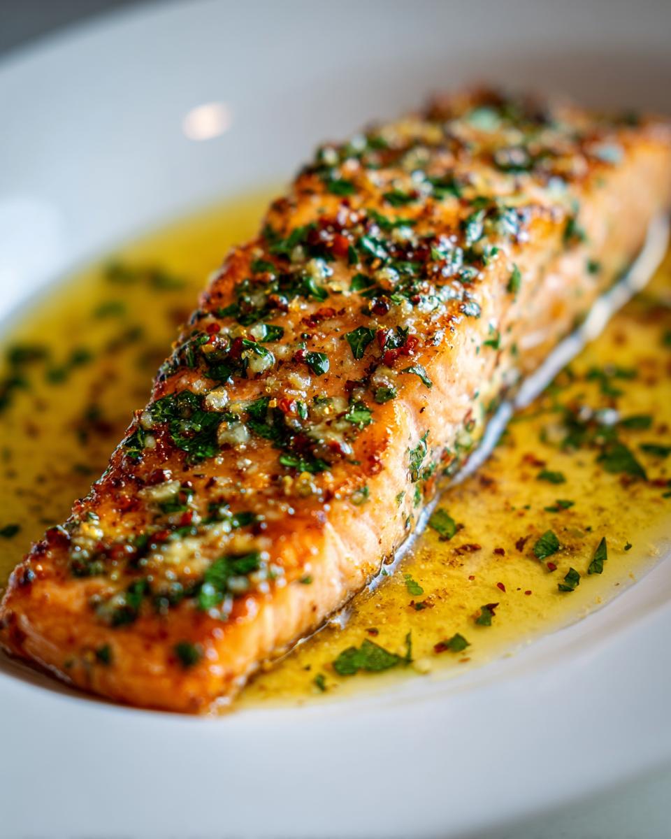 Close-up of a perfectly cooked baked salmon recipe fillet topped with herbs and garlic in a lemon butter sauce.