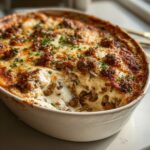 A creamy, baked stuffed mushroom dip with browned cheese topping and parsley garnish.