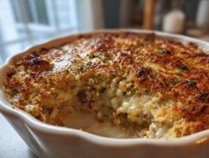 Close-up of baked stuffed mushroom dip in a white dish, showing melted cheese and a golden brown crumb topping.