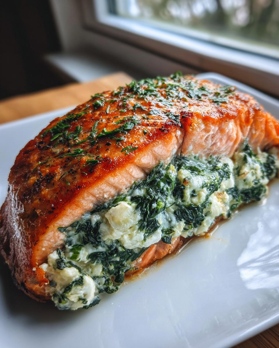 Close-up of a baked stuffed salmon fillet filled with creamy spinach and cheese mixture, garnished with herbs.