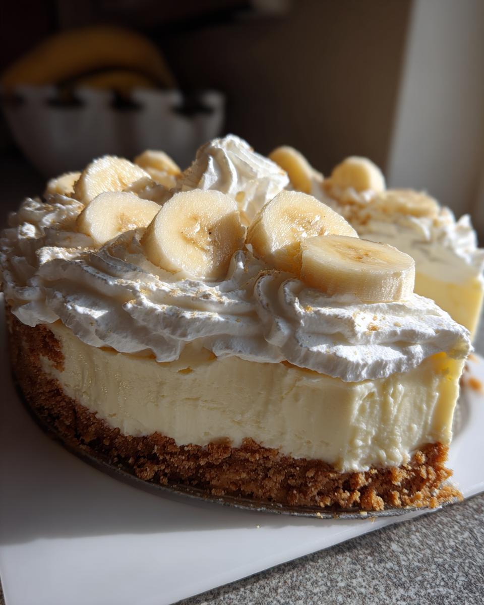 A close-up of a rich banana cream cheesecake slice with a graham cracker crust, topped with whipped cream and fresh banana slices.