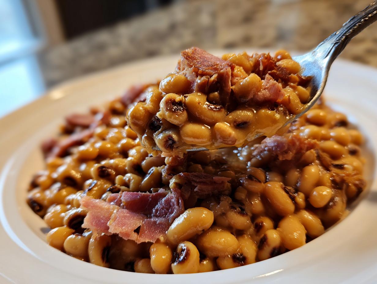 A spoonful of creamy, savory black eyed peas recipe topped with pieces of ham being lifted from a white bowl.