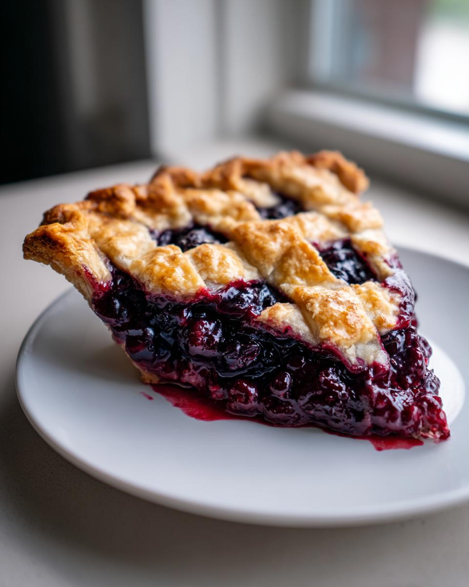 A tempting slice of blackberry pie showing a juicy, dark purple filling and a golden, flaky lattice crust.