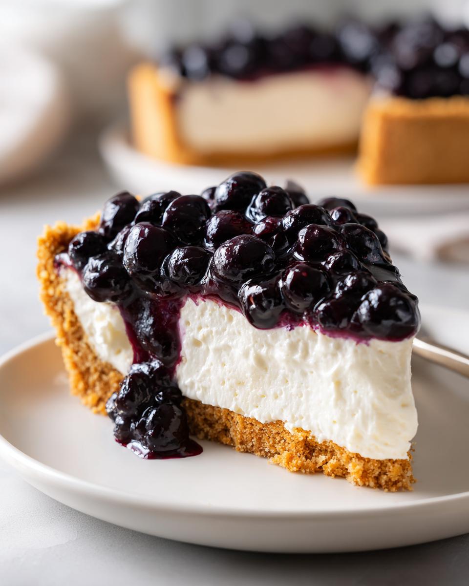 A close-up slice of creamy blueberry cheesecake on a white plate, featuring a graham cracker crust and rich blueberry topping.