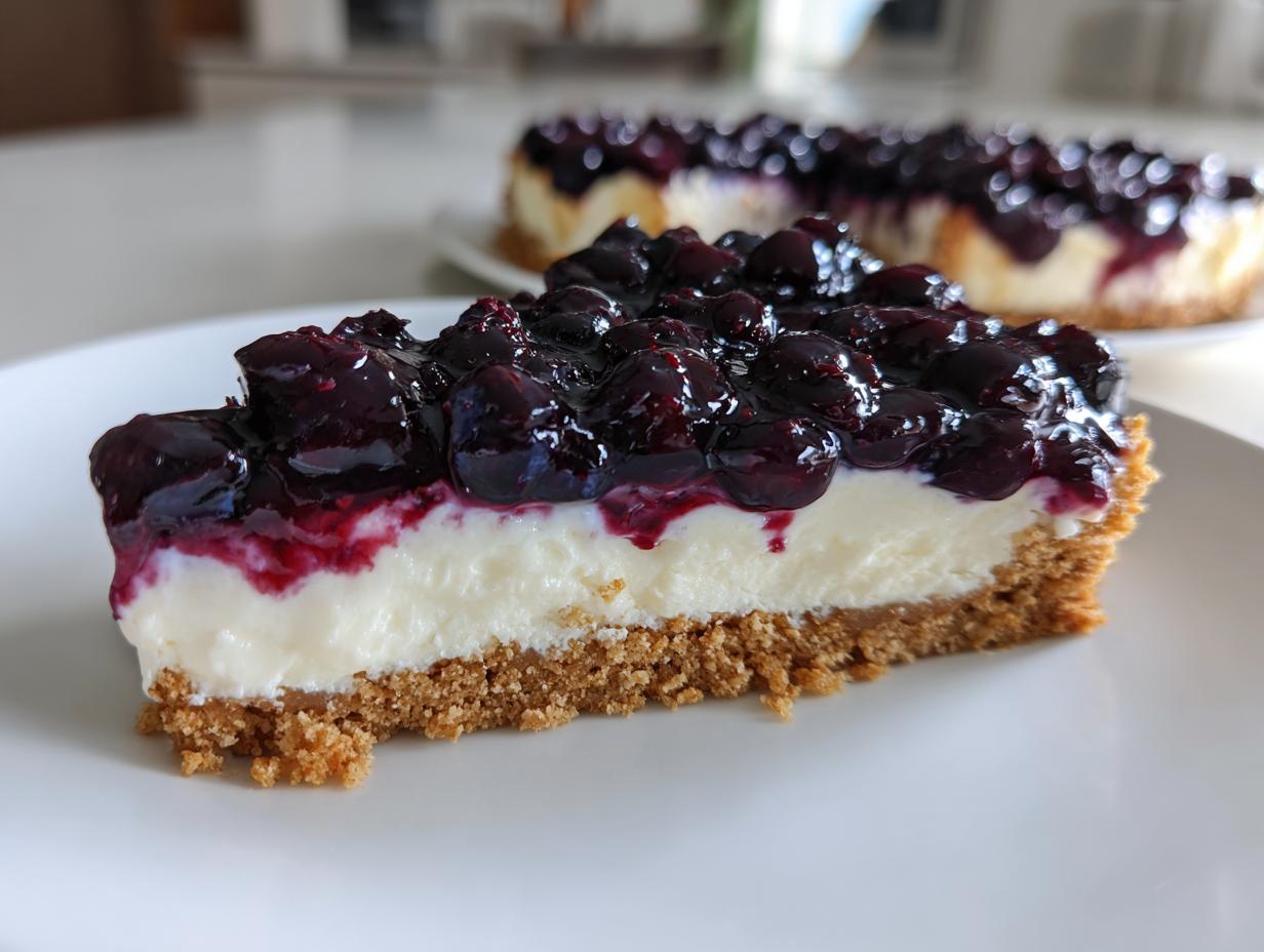 Close-up of a perfect slice of blueberry cheesecake showing graham cracker crust, creamy filling, and rich blueberry topping.