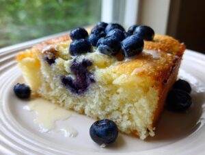 Close-up of a thick slice of blueberry sheet pan pancakes topped with fresh blueberries and a light glaze.