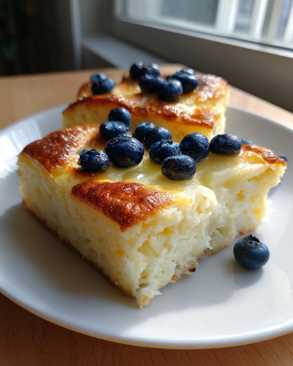 Two slices of fluffy sheet pan pancakes topped with fresh blueberries and syrup on a white plate.