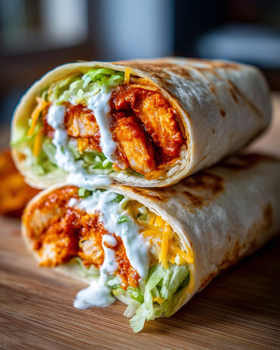 Two halves of a delicious buffalo chicken wrap stacked, showing spicy chicken, lettuce, cheese, and ranch dressing.