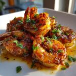 A close-up of perfectly cooked, glazed cajun shrimp garnished with fresh chopped parsley on a white plate.