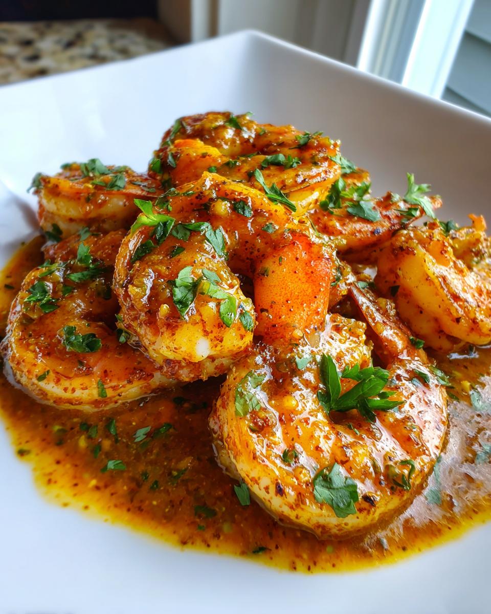 Close-up of plump, cooked cajun shrimp coated in a rich, orange-hued sauce and garnished with fresh parsley.
