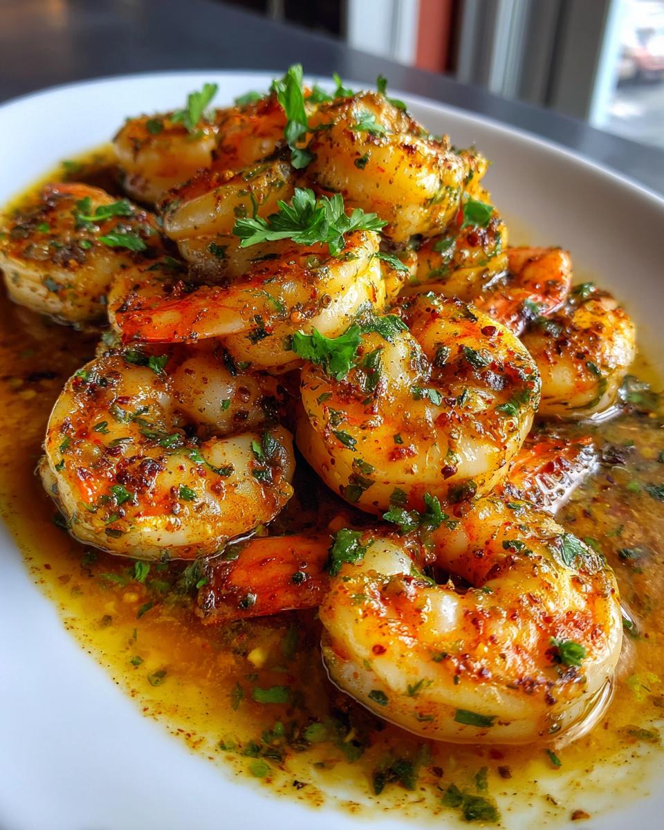 Close-up of succulent Cajun shrimp coated in spices and fresh parsley, swimming in a rich, buttery sauce.