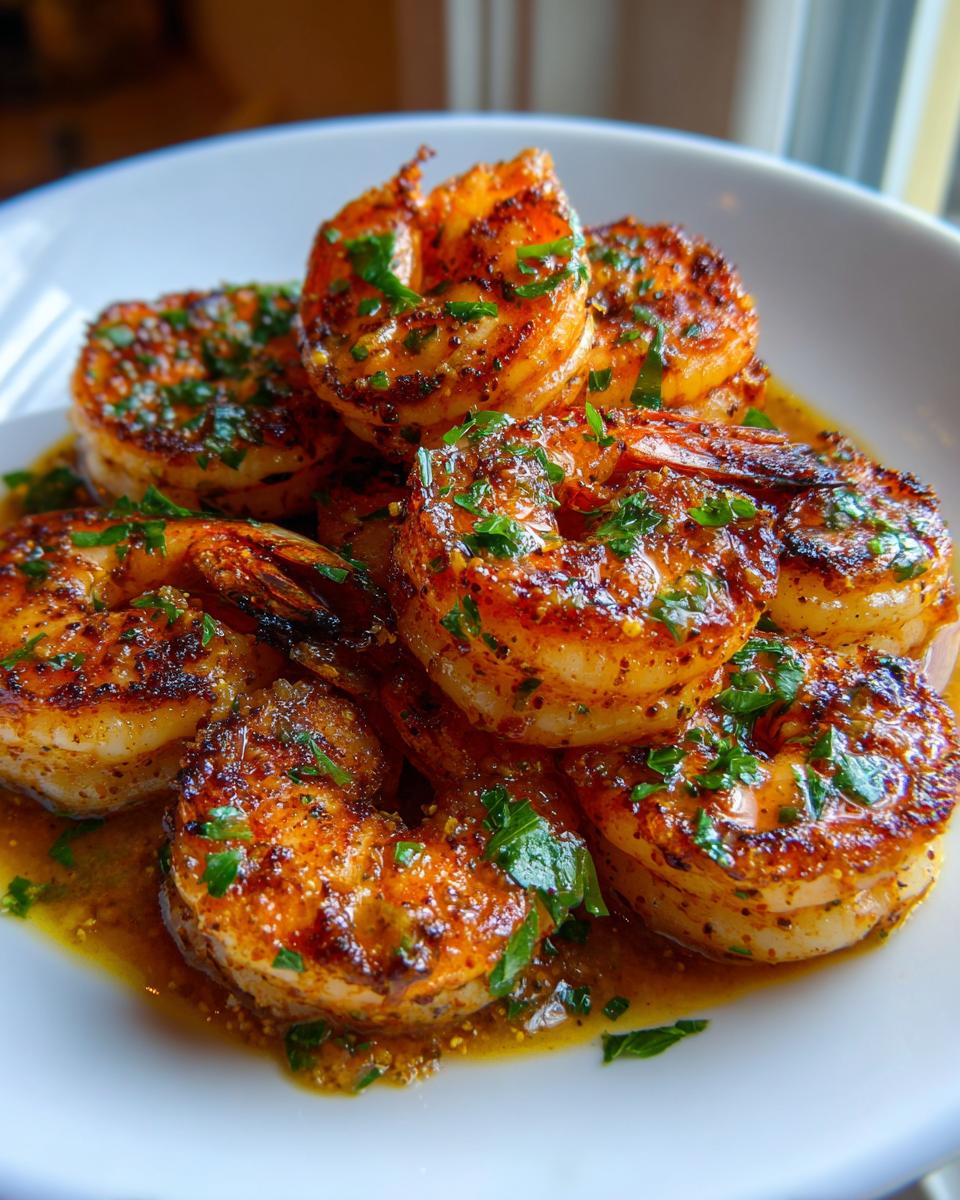 Close-up of plump, seared cajun shrimp coated in spices and fresh parsley, resting in a buttery sauce.