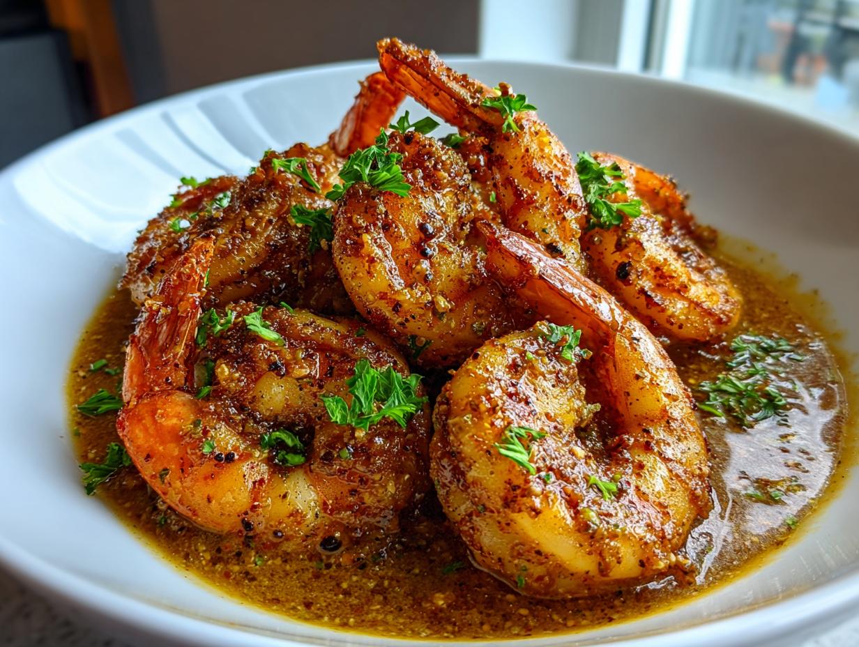 Close-up of succulent Cajun shrimp coated in spices and swimming in a rich, buttery sauce, garnished with parsley.