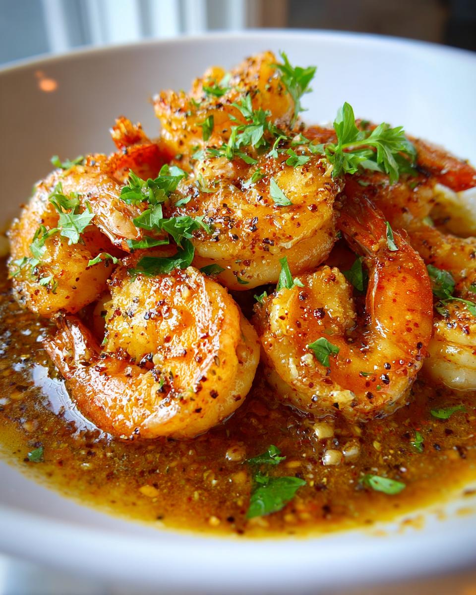 Close-up of plump, seasoned cajun shrimp swimming in a rich, buttery sauce and topped with fresh parsley.