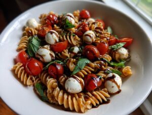 A close-up of a bowl of amazing caprese pasta salad featuring fusilli pasta, cherry tomatoes, mozzarella balls, and basil drizzled with balsamic glaze.