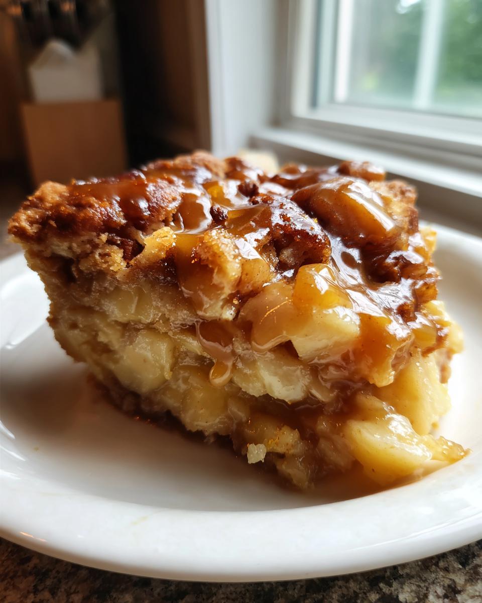 Close-up of a generous slice of caramel apple dump cake, layered with soft apples and drizzled with thick caramel sauce.