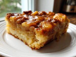 Close-up of a square slice of caramel apple dump cake with gooey topping on a white plate.