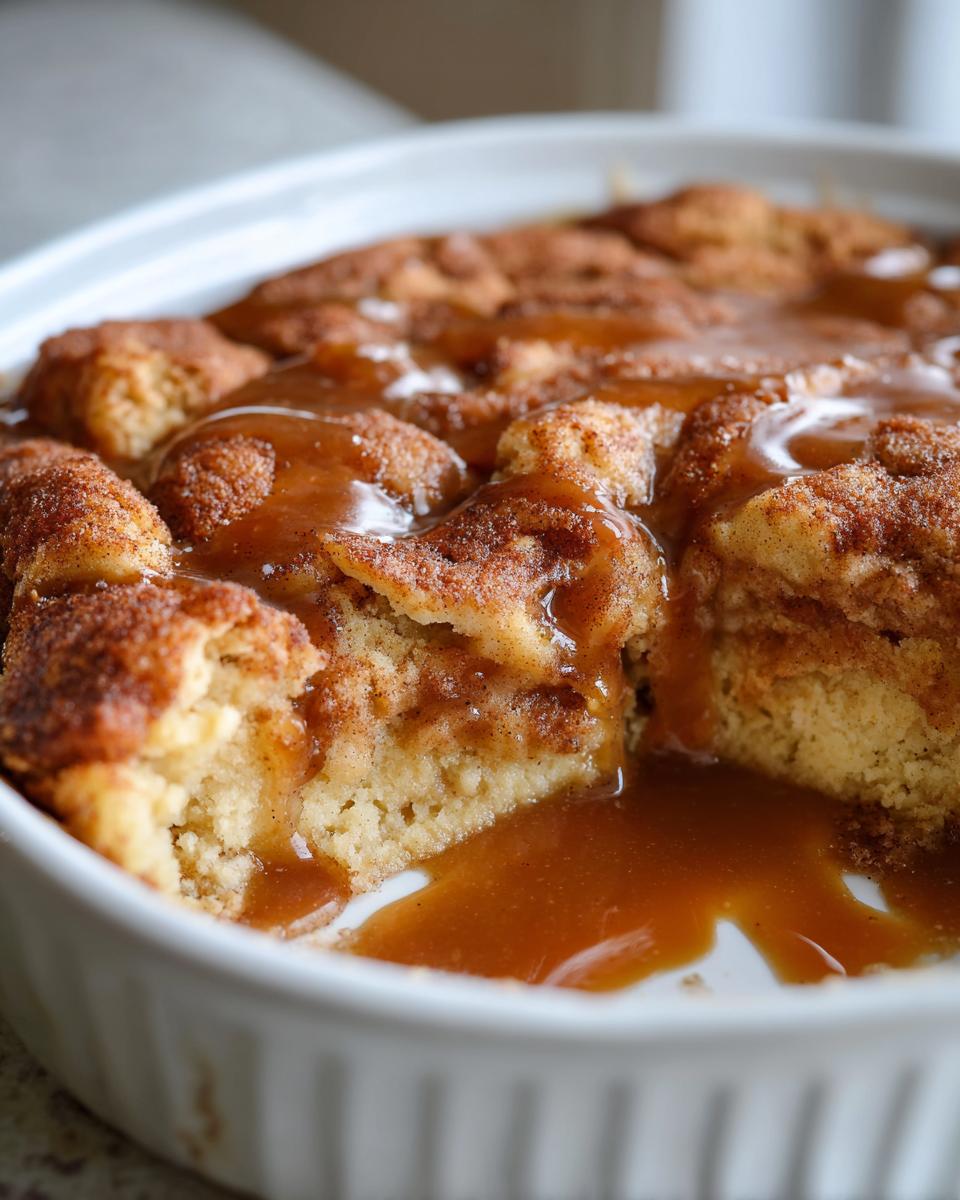 A close-up of a warm snickerdoodle cobbler in a white dish, heavily drizzled with rich caramel sauce.