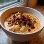 A close-up of a creamy bowl of cheeseburger soup recipe, featuring potatoes, ground meat, cheese, and crispy bacon crumbles.