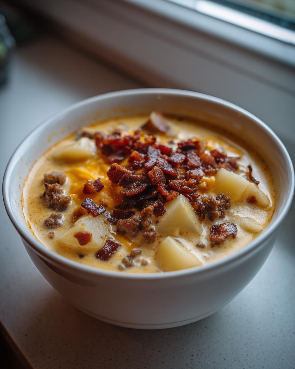 A close-up of a creamy, rich cheeseburger soup recipe bowl topped generously with crumbled bacon and melted cheese.