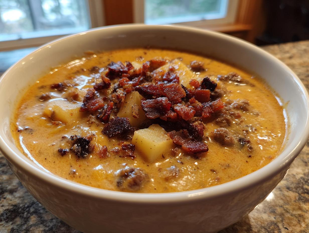 A close-up of a creamy, orange-hued cheeseburger soup recipe, featuring ground beef, potato chunks, and crispy bacon bits.