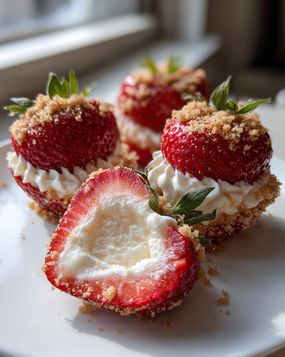 Close-up of cheesecake deviled strawberries, showing one cut in half revealing the creamy filling.