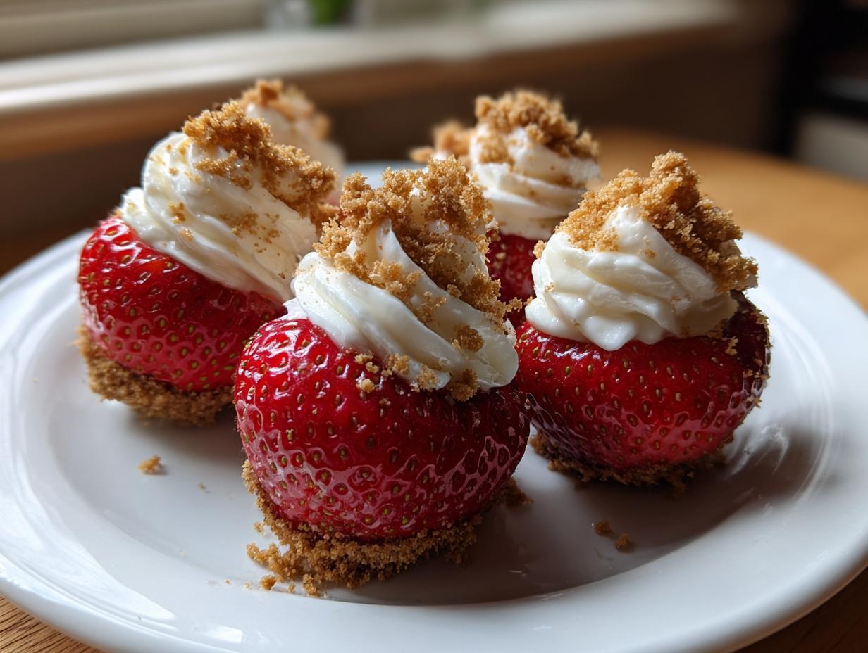 Four vibrant cheesecake deviled strawberries topped with whipped cream and graham cracker crumbs on a white plate.
