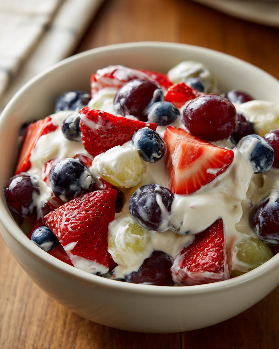 A close-up of a creamy cheesecake fruit salad featuring strawberries, blueberries, and grapes in a white bowl.