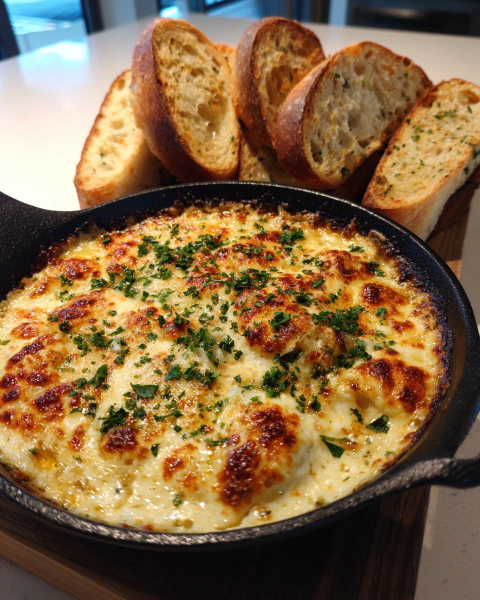 Hot, bubbly, cheesy bread dip in a cast iron skillet served with slices of toasted baguette for dipping.