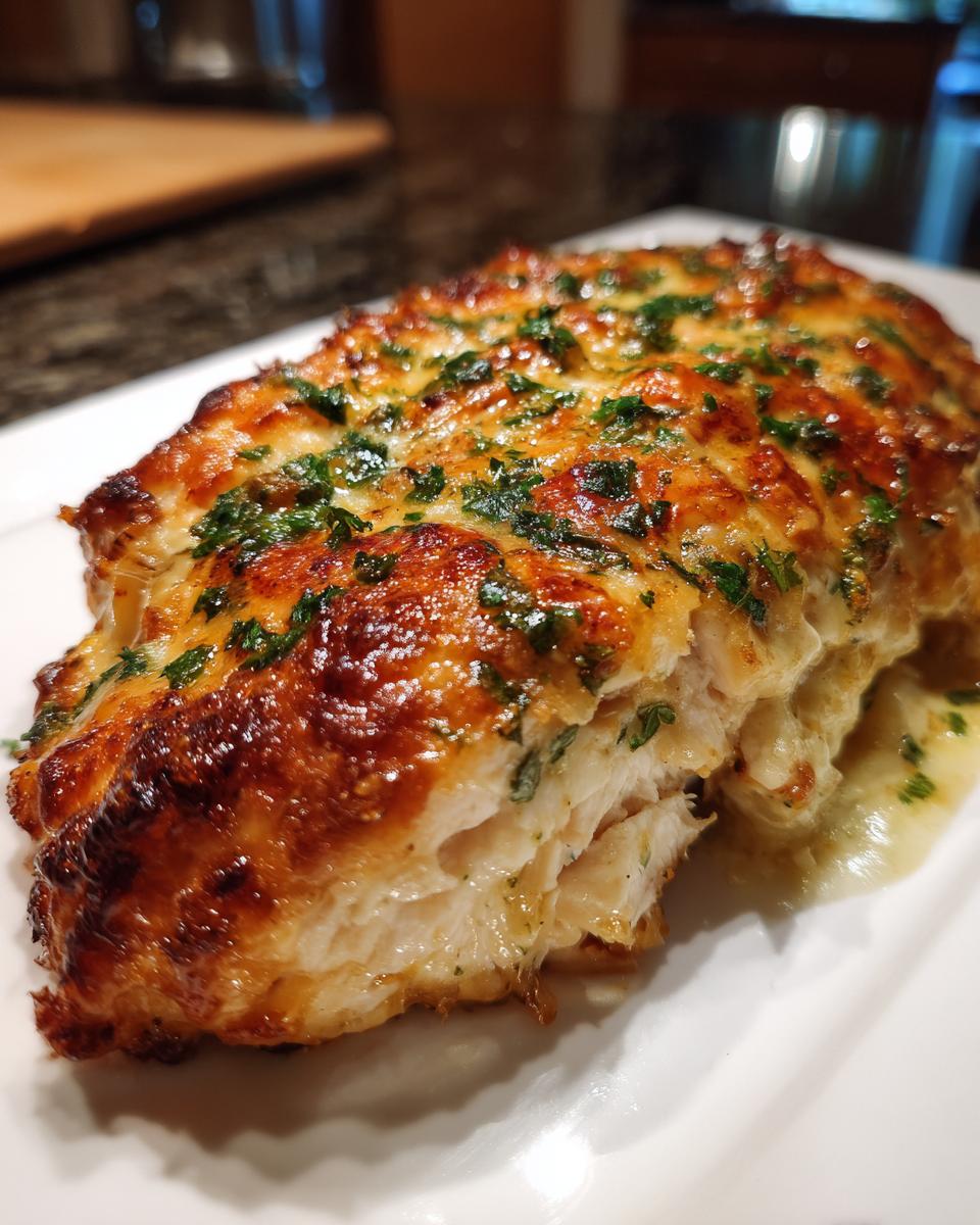 A close-up of a juicy, baked caesar chicken breast topped with melted, browned cheese and fresh parsley.