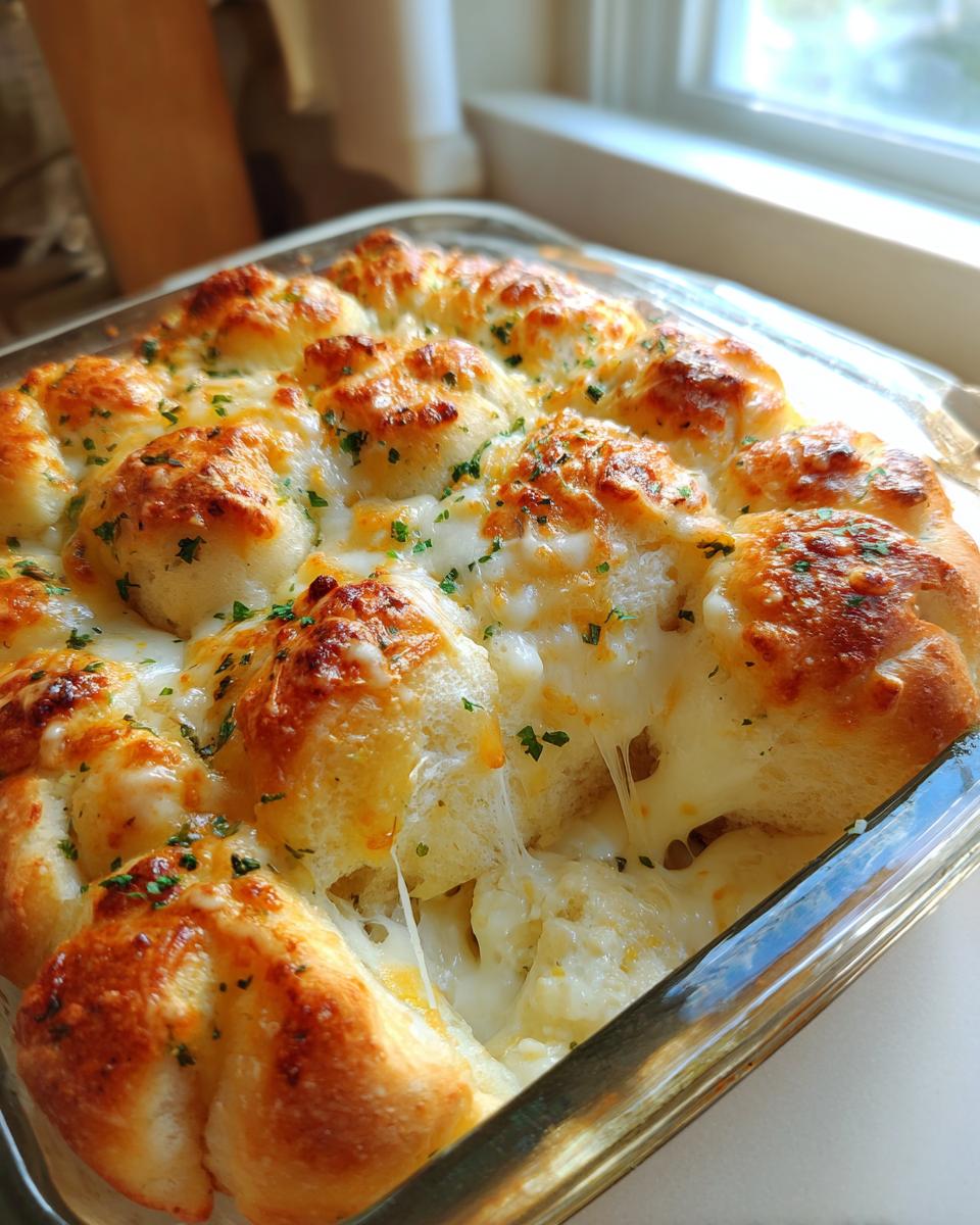 Close-up of cheesy hawaiian roll garlic bread baked in a glass dish with melted cheese pull.
