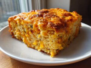 A close-up, sunlit slice of moist Mexican cornbread topped with melted, browned cheddar cheese.