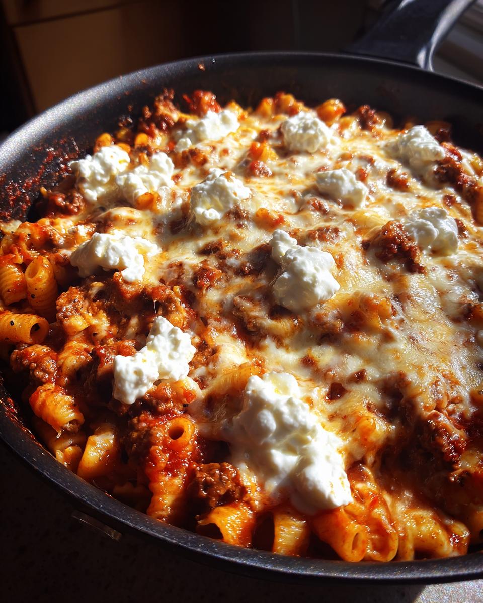 Close-up of bubbling skillet lasagna topped with melted mozzarella and dollops of ricotta cheese.