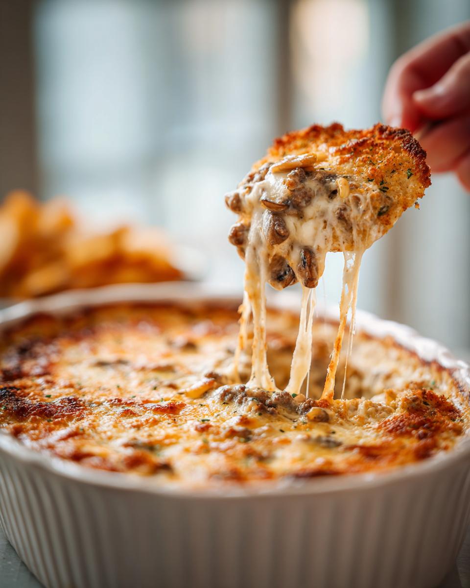 A chip loaded with cheesy, meaty stuffed mushroom dip being pulled from the baking dish.