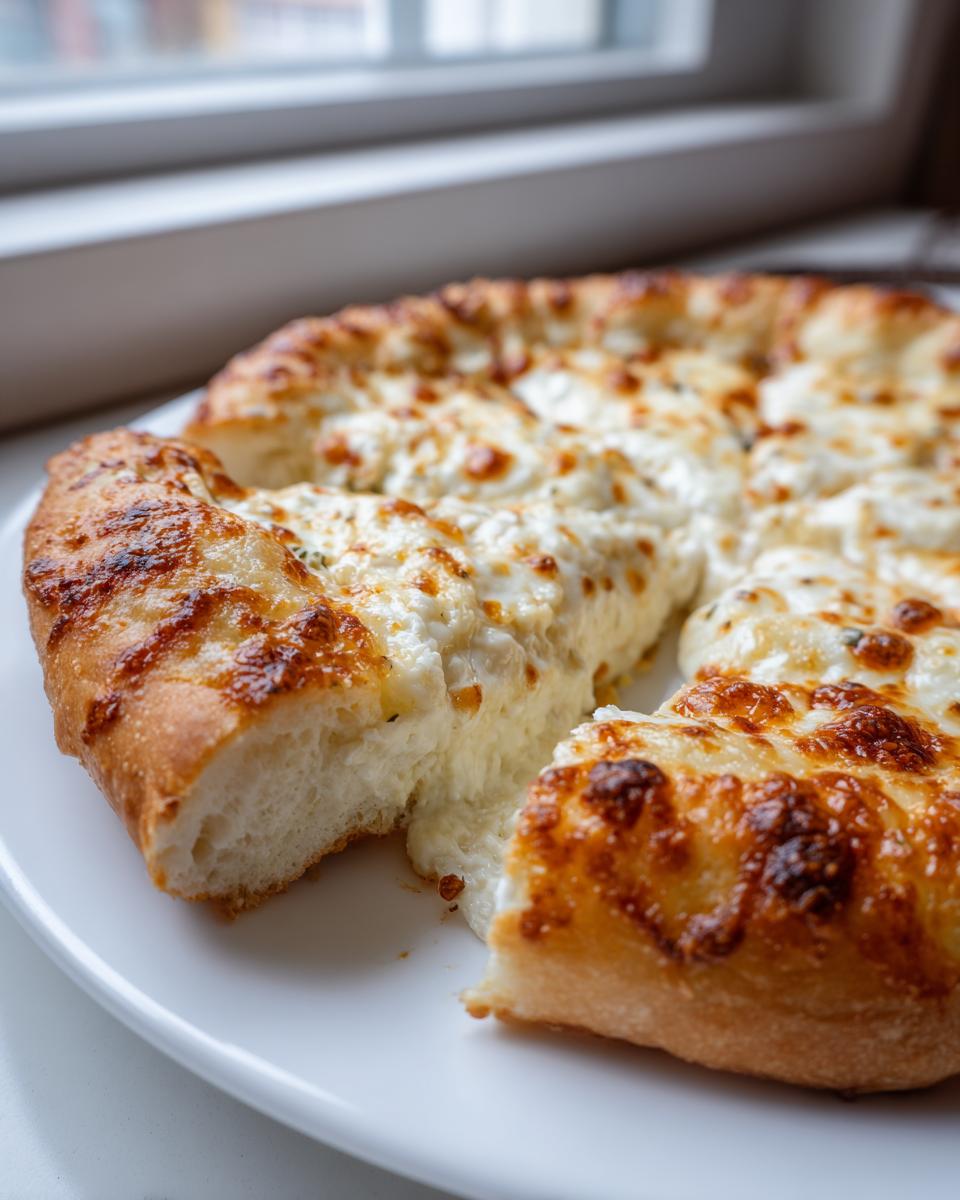 A close-up of a freshly baked white pizza, cut into slices, showing gooey, melted cheese and a thick crust.