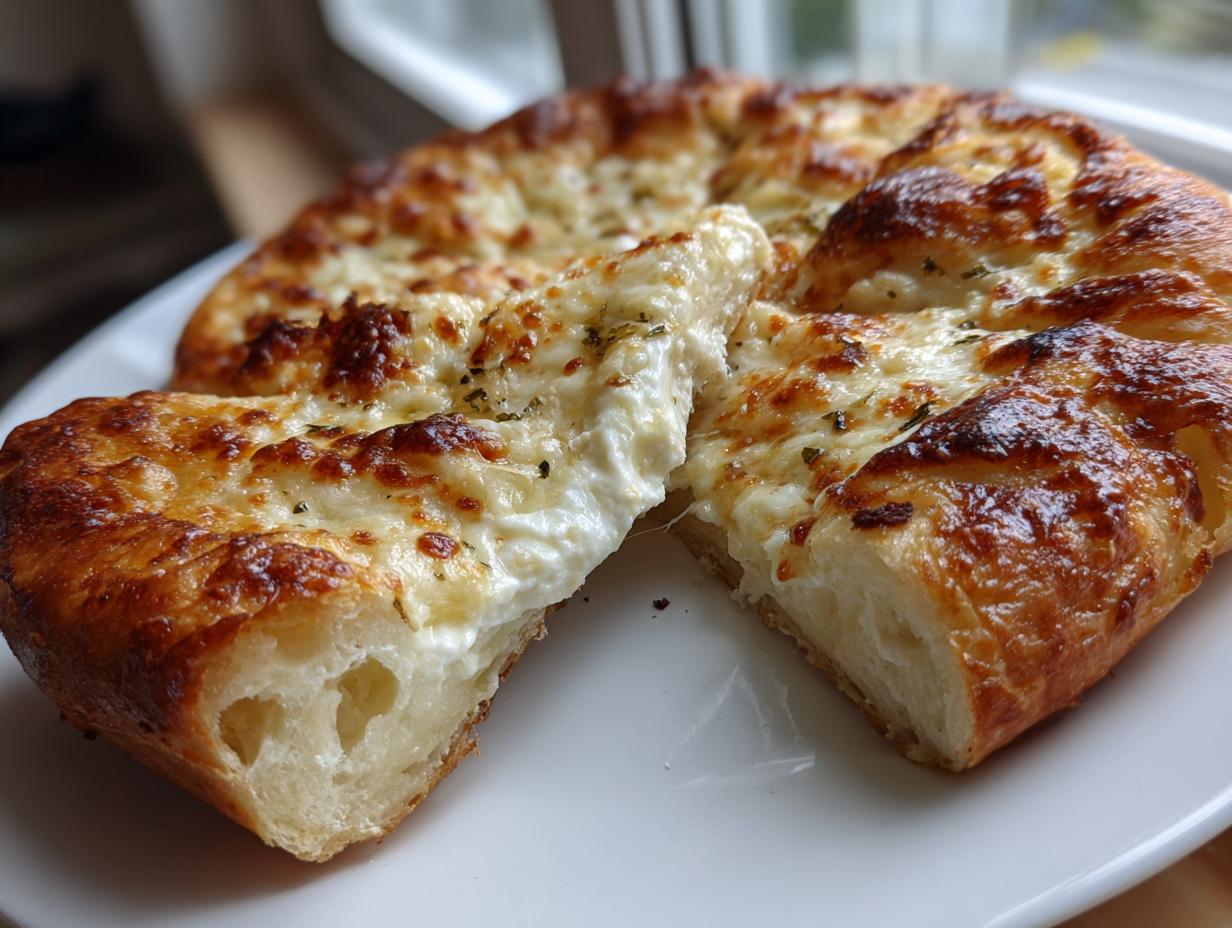 A close-up of a freshly baked white pizza slice being pulled apart, showing gooey cheese and a thick crust.