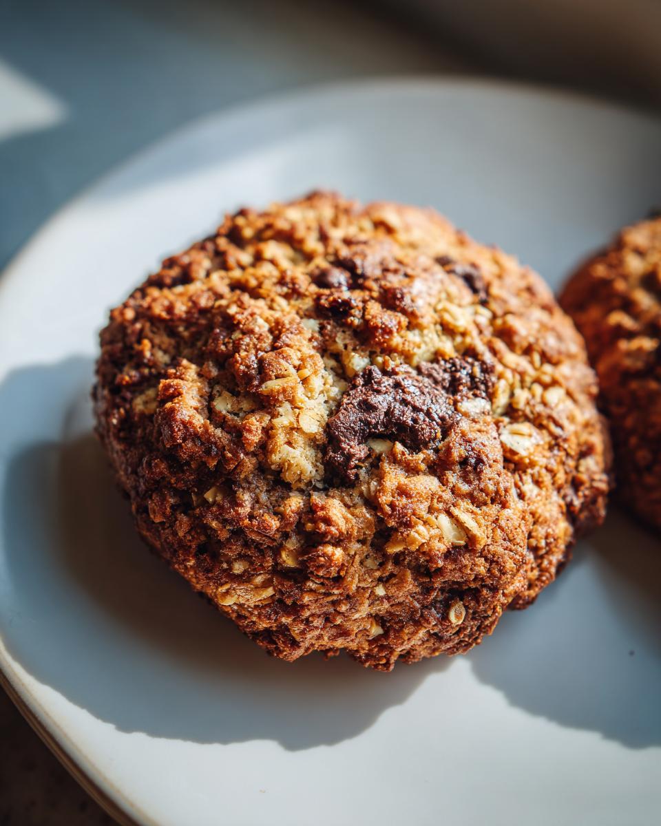 A close-up, sunlit shot of a freshly baked oatmeal cookie with visible oats and dark chocolate chunks on a light plate.