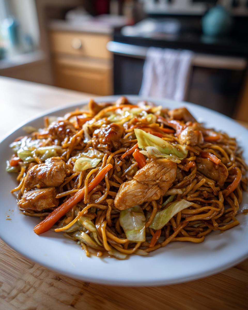 A close-up of a generous serving of homemade chicken chow mein recipe on a white plate.