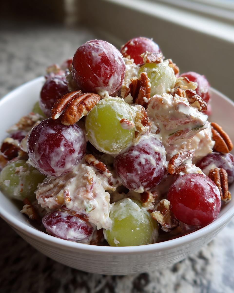 A close-up of creamy Chicken Salad Chick Grape Salad featuring red and green grapes and chopped pecans.