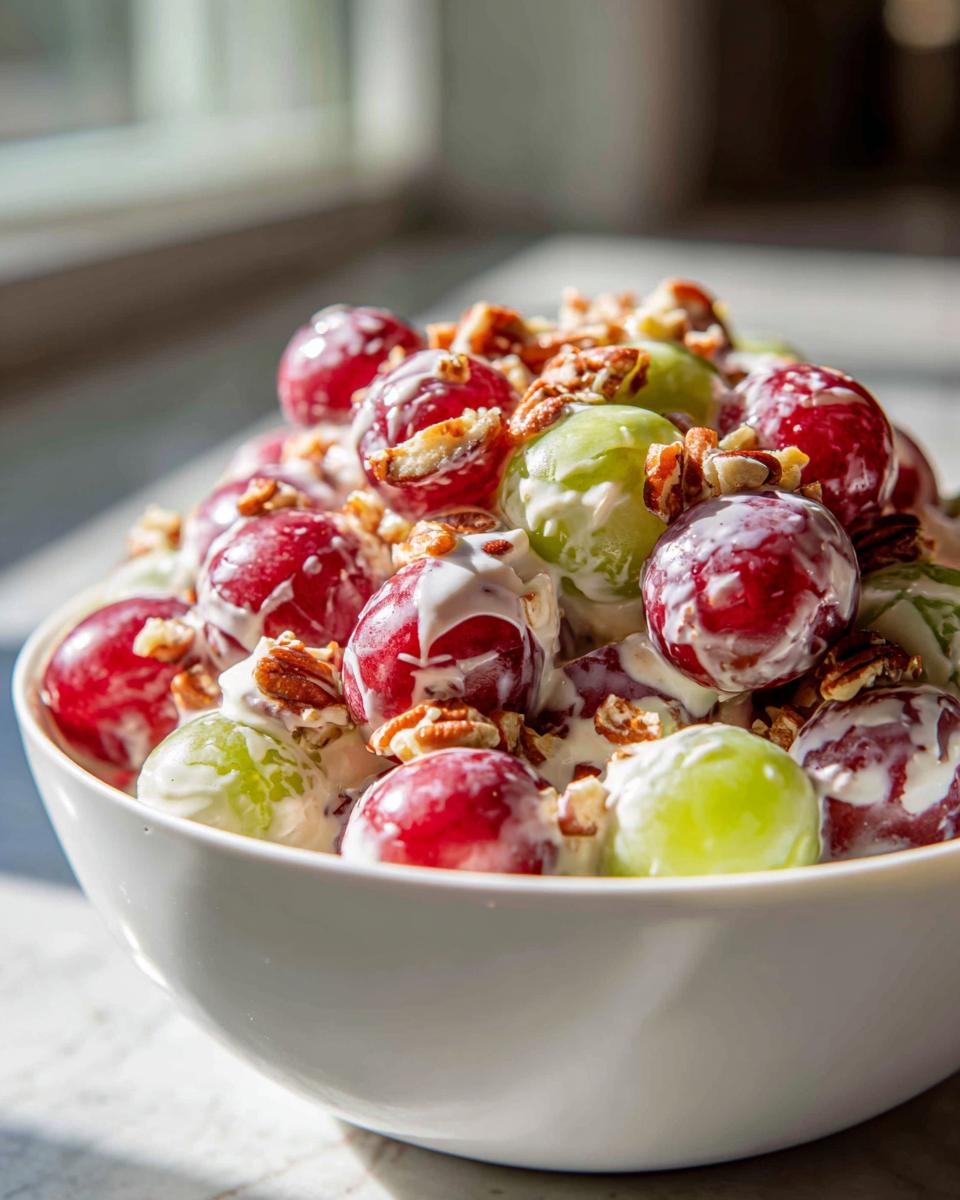 A white bowl filled with red and green grapes coated in a creamy dressing and topped with chopped pecans, resembling Chicken Salad Chick Grape Salad.